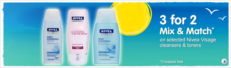 three for two mix and match on selected nivea visage cleansers and toners